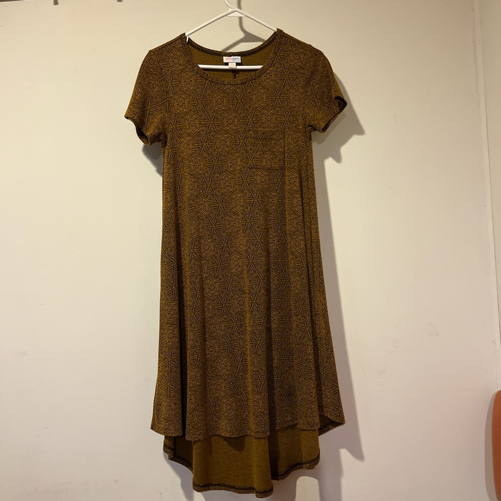 LuLaRoe Mustard and Black Geometric Aztec Pattern “Carly” Dress, Size xxs-s‎